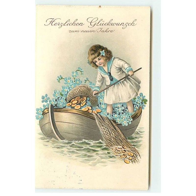 n°19384 - Carte Gaufrée - Herzlichen Glückwunsch zum neuen Jahre - Fillette dans une barque pêchant des pièces d'or