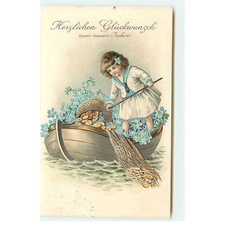 n°19384 - Carte Gaufrée - Herzlichen Glückwunsch zum neuen Jahre - Fillette dans une barque pêchant des pièces d'or