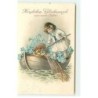 n°19384 - Carte Gaufrée - Herzlichen Glückwunsch zum neuen Jahre - Fillette dans une barque pêchant des pièces d'or