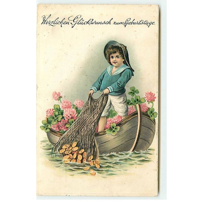 n°19385 - Carte Gaufrée - Herzlichen Glückwunsch zum Geburtstage - Garçon dans une barque pêchant des pièces d'or