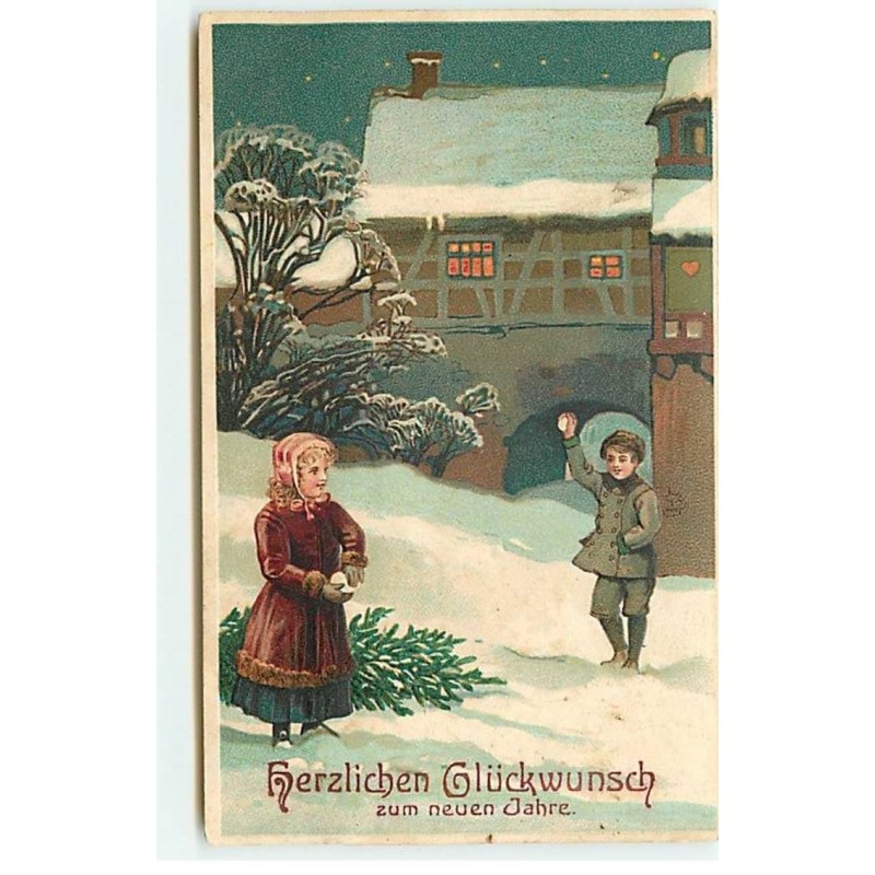 n°19386 - Carte Gaufrée - Herzlichen Glückwunsch zum neuen Jahre - Enfants faisant une bataille de boules de neige