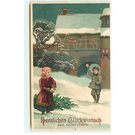 n°19386 - Carte Gaufrée - Herzlichen Glückwunsch zum neuen Jahre - Enfants faisant une bataille de boules de neige