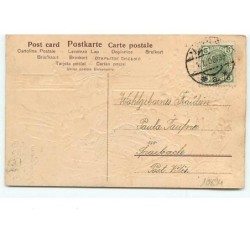 n°10894 - Carte Fantaisie Gaufrée - Angelot avec un trèfle sur un pas de porte