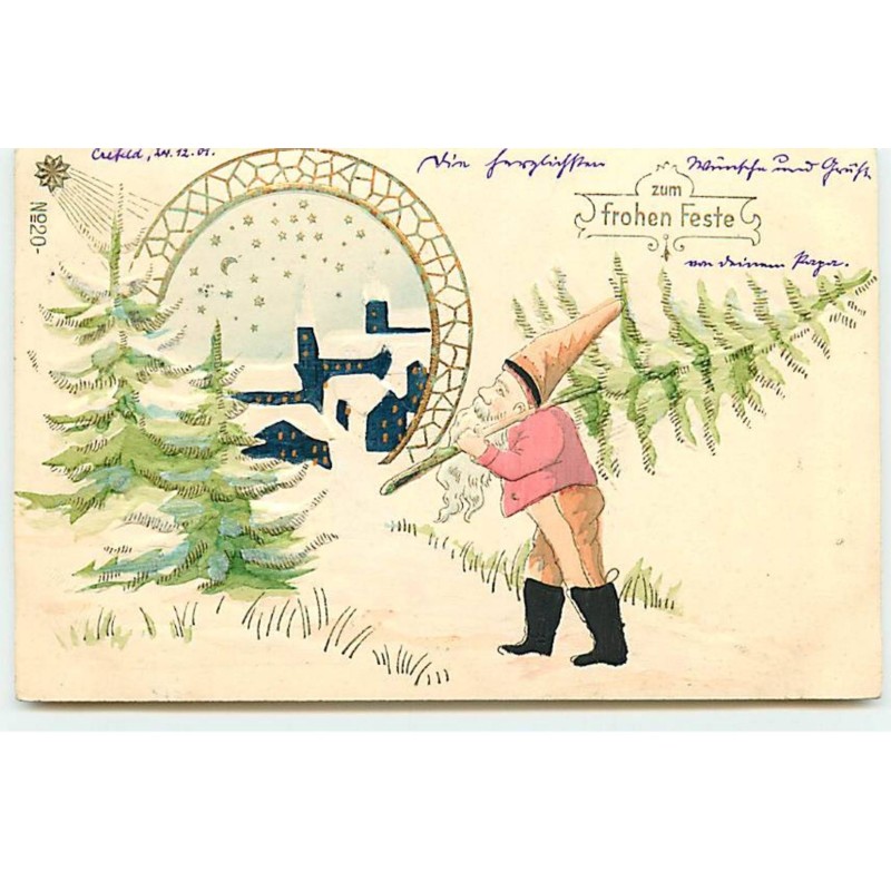 n°19391 - Carte Gaufrée - Zum Frohen Feste - Lutin portant un sapin s'approchant d'un village