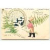 n°19391 - Carte Gaufrée - Zum Frohen Feste - Lutin portant un sapin s'approchant d'un village