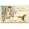 n°19396 - Carte Gaufrée - Fröhliche Pfingsten - Anges regardant un Hanneton