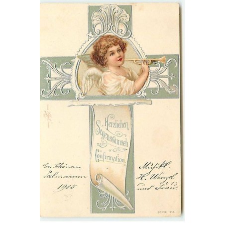 n°19397 - Carte Gaufrée - Clapsaddle - Herzlichen Segenswunsch zur Confirmation - Ange jouant de la trompette