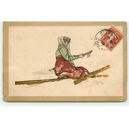 n°19410 - Pellegrini - Femme portant des skis, tombée dans la neige
