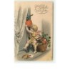 n°10896 - Carte Fantaisie Gaufrée - Angelot avec un coeur sur un pas de porte