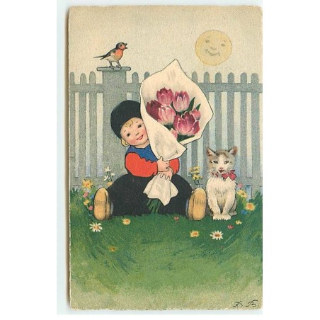 n°19417 - F. Baumgarten - Chat assis à côté d'un enfant assis dans l'herbe, portant un bouquet  de tulipes