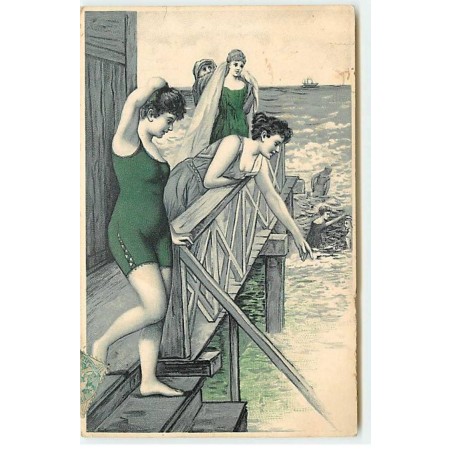 n°19420 - Jeunes femmes en tenue de bain s'apprêtant en rentrée dans l'eau - Baigneuse