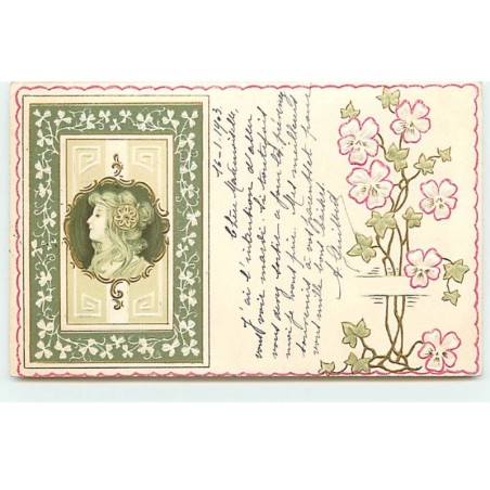 n°19427 - Carte Gaufrée - Art Nouveau - Portrait d'une jeune femme de profil dans un médaillon, et fleurs