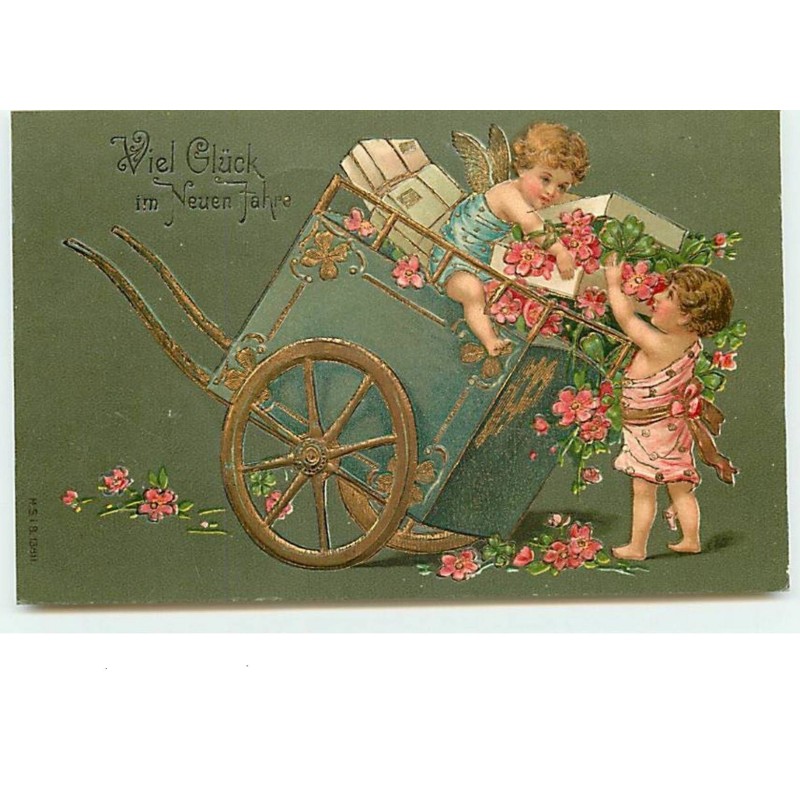 n°10897 - Carte Fantaisie Gaufrée - Angelots déchargeant des fleurs roses
