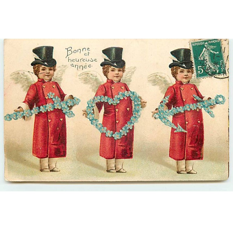 n°19437 - Carte Gaufrée - Clapsaddle - Bonne et Heureuse Année - Anges avec une épée, un coeur et une ancre en myosotis