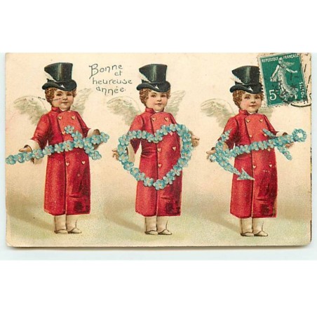 n°19437 - Carte Gaufrée - Clapsaddle - Bonne et Heureuse Année - Anges avec une épée, un coeur et une ancre en myosotis