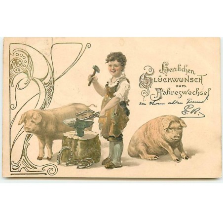 n°19441 - Carte Gaufrée - Garçon forgeant un fer à cheval près de cochons