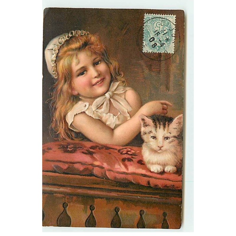 n°19447 - Carte Gaufrée - Fillette caressant un chat