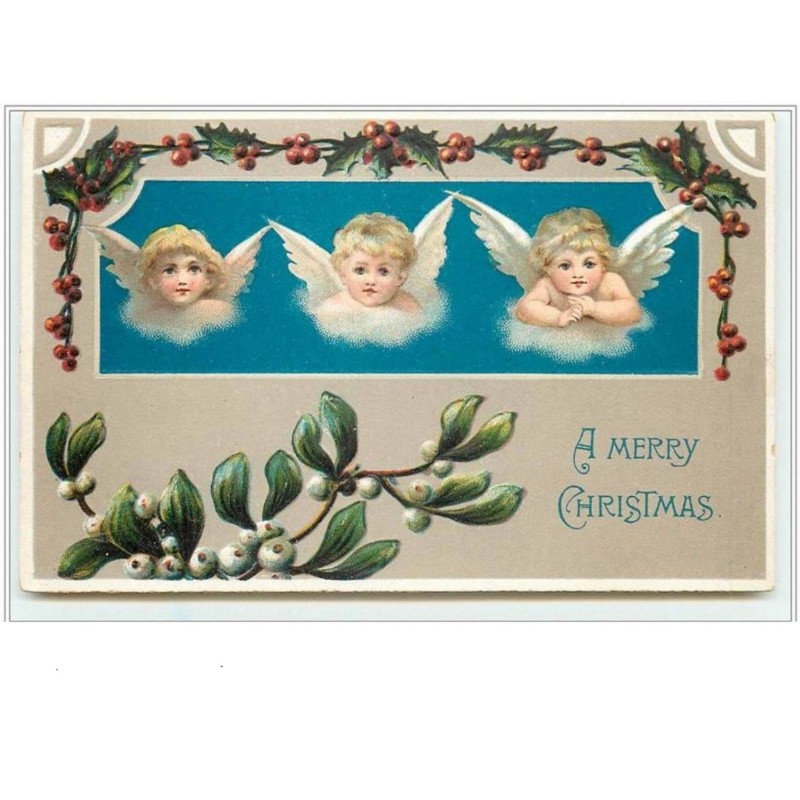 n°1947 - Carte Gaufrée - A Merry Christmas - Têtes d'Anges