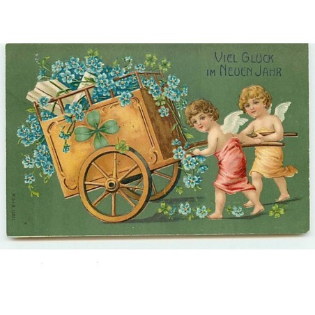 n°10898 - Carte Fantaisie Gaufrée - Angelots et cariole de myosotis