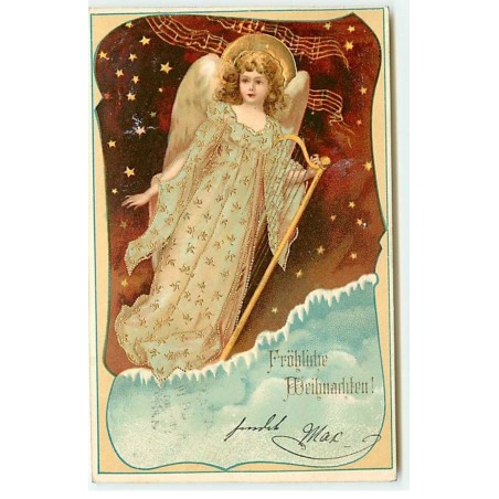 n°19472 - Carte Gaufrée - Clapsaddle - Fröhliche Weihnachten - Ange gardien portant une harpe