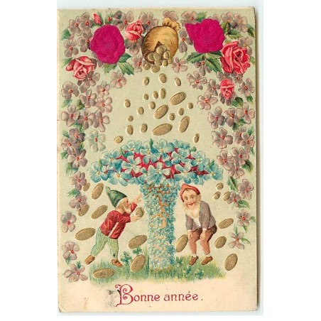 n°19483 - Carte Gaufrée - Bonne Année - Lutins attrapant des pièces d'or tombant de fleurs - champignon