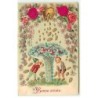 n°19483 - Carte Gaufrée - Bonne Année - Lutins attrapant des pièces d'or tombant de fleurs - champignon