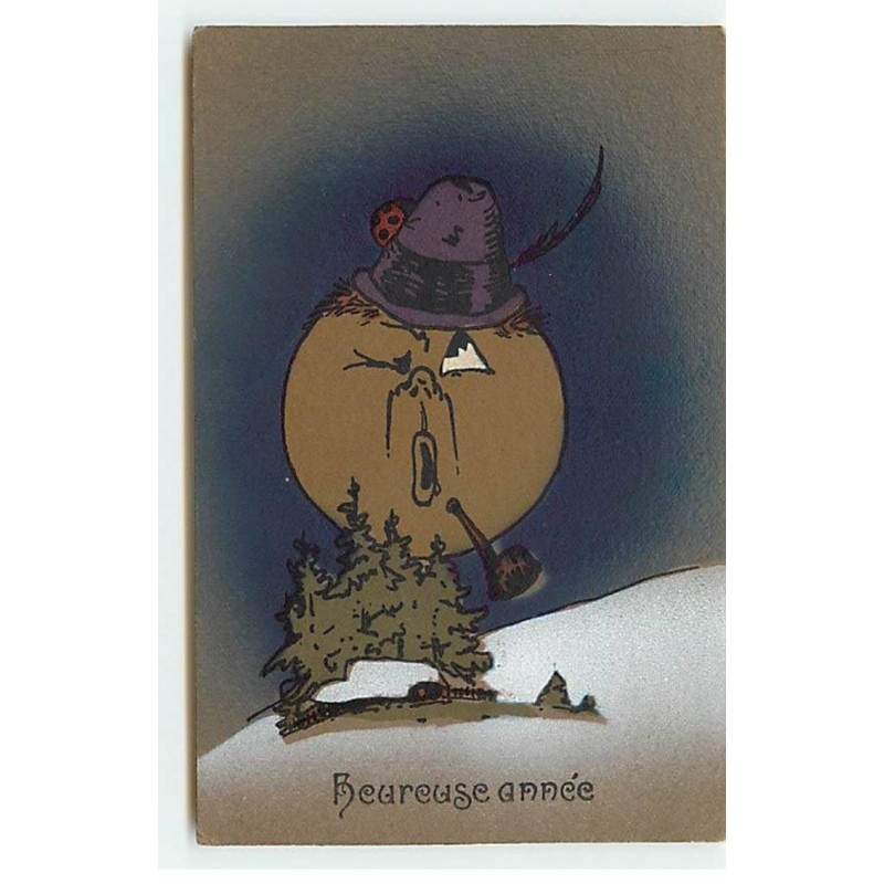 n°19485 - Heureuse Année - Lune humanisée fumant la pipe, portant un chapeau avec une coccinelle dessus