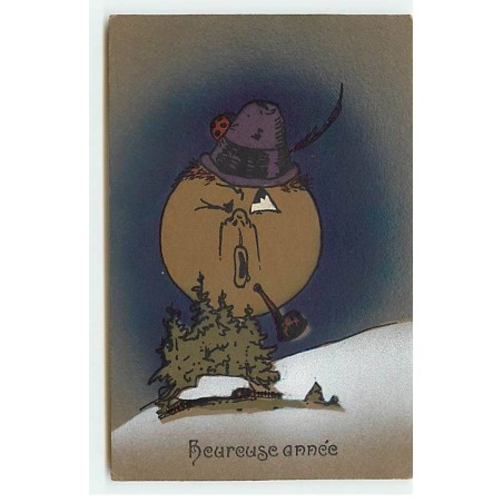 n°19485 - Heureuse Année - Lune humanisée fumant la pipe, portant un chapeau avec une coccinelle dessus