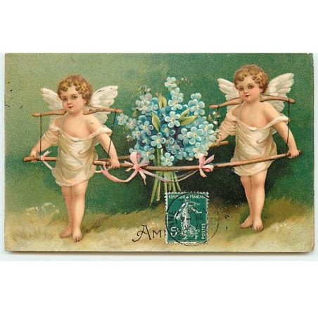 n°19491 - Carte Gaufrée - Clapsaddle - Amitié - Anges portant un bouquet de myosotis