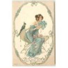 n°19495 - Carte Gaufrée - Art Nouveau -Femme assise avec un éventail en plume, sous le regard d'un perroquet