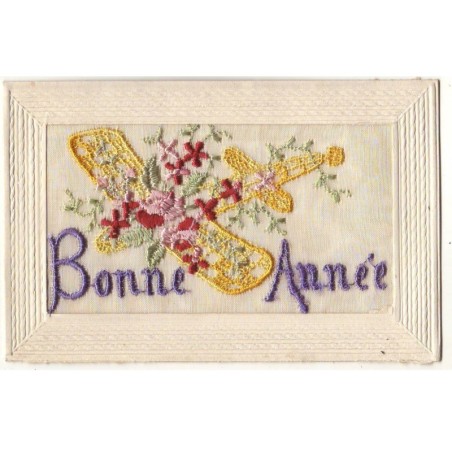 n°19503 - Carte Brodée - Bonne Année - Avion décoré de fleurs