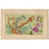 n°19504 - Carte Brodée - Bonne Année - Ancre au milieu d'une bouée, au fond un phare, et  des fleurs devant