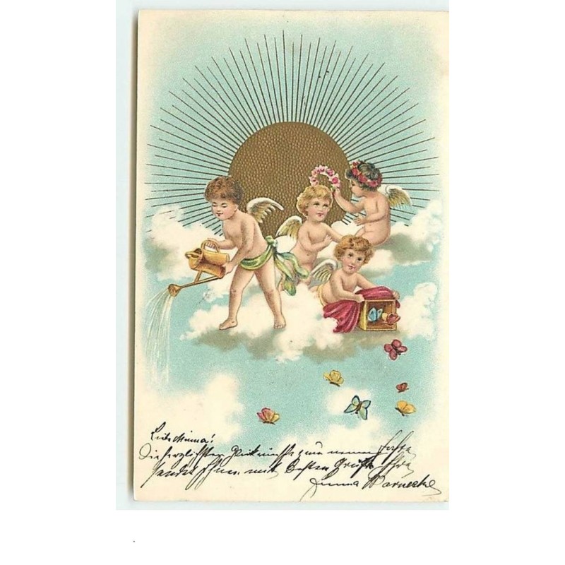 n°10900 - Carte Fantaisie Gaufrée - Angelots dans les nuages