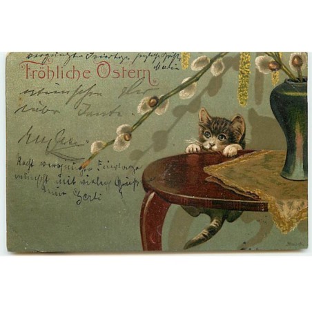 n°19518 - Carte Gaufrée - Chat - Fröhliches Ostern - Chaton grimpant sur une table