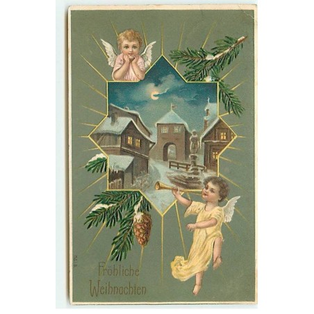 n°19529 - Carte Gaufrée - Fröhliche Weihnachten - Anges autour d'un village