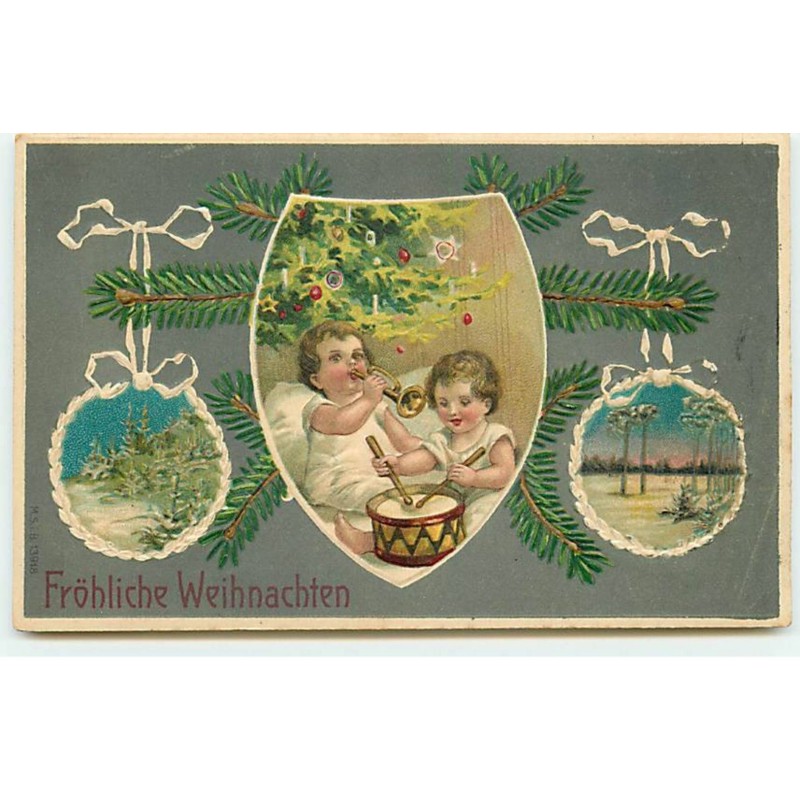 n°19530 - Carte Gaufrée - Fröhliche Weihnachten - Anges jouant de la musique