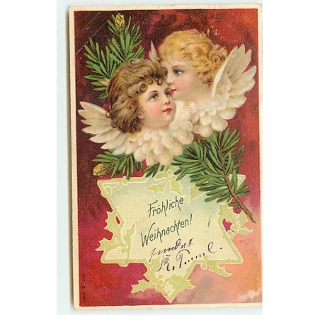 n°19531 - Fröhliche Weihnachten - Deux Têtes d'Anges avec une branche de sapin