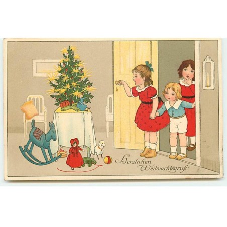 n°19532 - Meissner - Herzlichen Weihnacktsgruss - Enfants découvrant les jouets sous un sapin