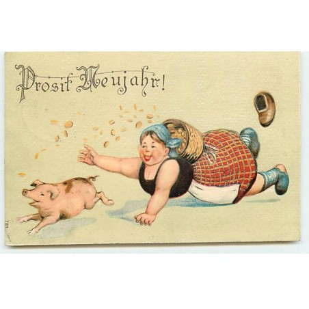 n°19535 - Carte Gaufrée - Prosit Neujahr ! - Femme tombée par terre voulant attraper un cochon