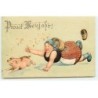n°19535 - Carte Gaufrée - Prosit Neujahr ! - Femme tombée par terre voulant attraper un cochon