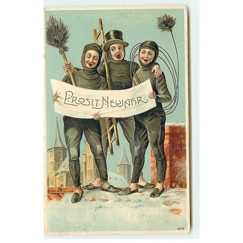 n°19540 -Carte Gaufrée - Prosit Neujahr - Trois ramoneurs sur un toit chantant