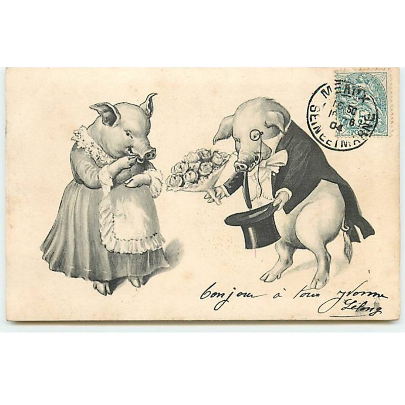 n°19543 - Cochon en costume et portant un monocle, offrant un bouquet de roses