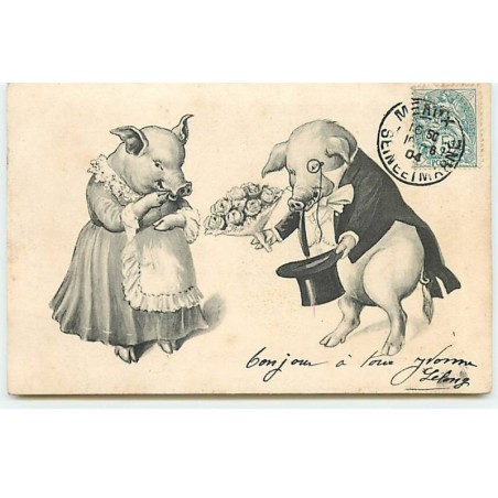 n°19543 - Cochon en costume et portant un monocle, offrant un bouquet de roses