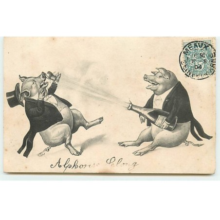 n°19544 - Cochon en costume débouchant une bouteille de champagne