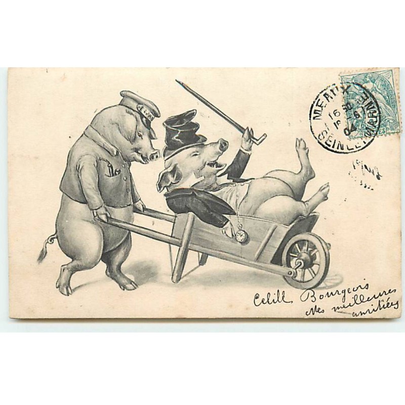 n°19545 - Cochon en costume dans une brouette, poussée par un autre