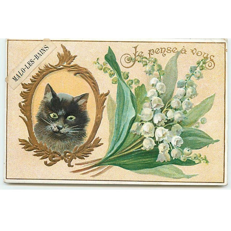 n°19549 - Carte Gaufrée - Je pense à vous - MALO-LES-BAINS - Chat dans un médaillon, et brins de muguet
