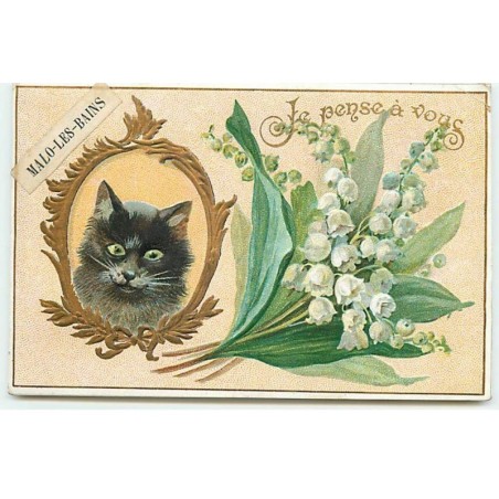 n°19549 - Carte Gaufrée - Je pense à vous - MALO-LES-BAINS - Chat dans un médaillon, et brins de muguet