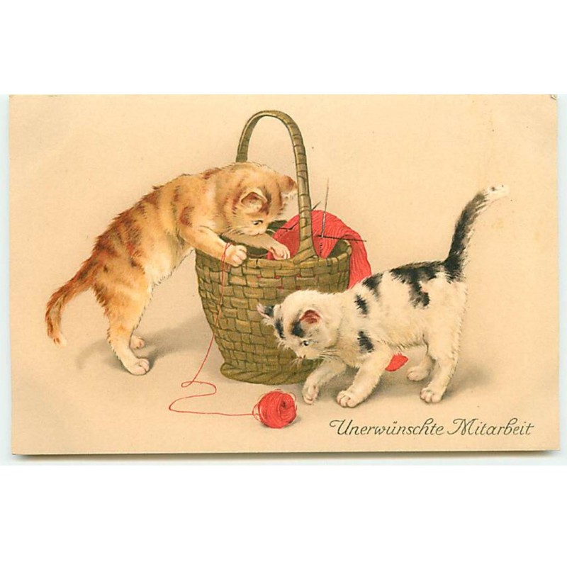 n°19550 - Chat - Unerwünschte Mitarbeit - Chatons jouant avec des pelotes de laines dans un panier