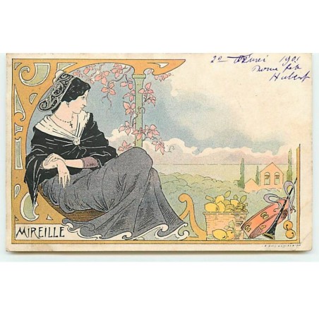 n°19556 - Lessieux - Mireille - Jeune femme près d'un panier rempli de citron, et d'un tambourin