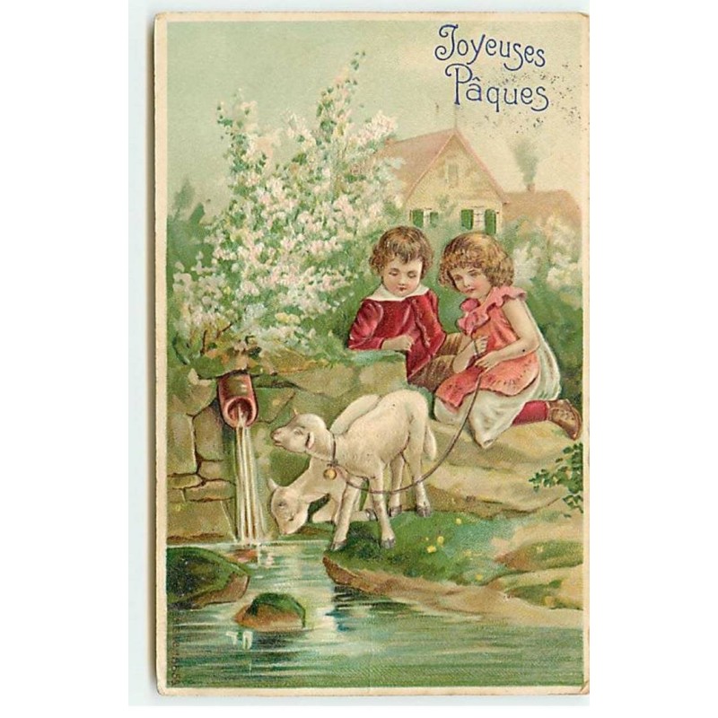 n°19562 - Carte Gaufrée - Joyeuses Pâques - Couple d'enfants tenant en laisse des agneaux en train de boire